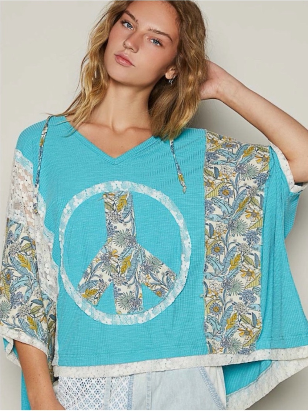 POL Turquoise Floral Peace Sign V-Neck Women's Top